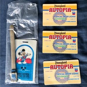 1983 Walt Disney Travel Co. Luggage Tag & 3 Disneyland Autopia Drivers Licenses